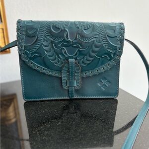 Patricia Nash Full Grain Leather Burnished Tooled Crossbody/ClutchCaribbean Blue